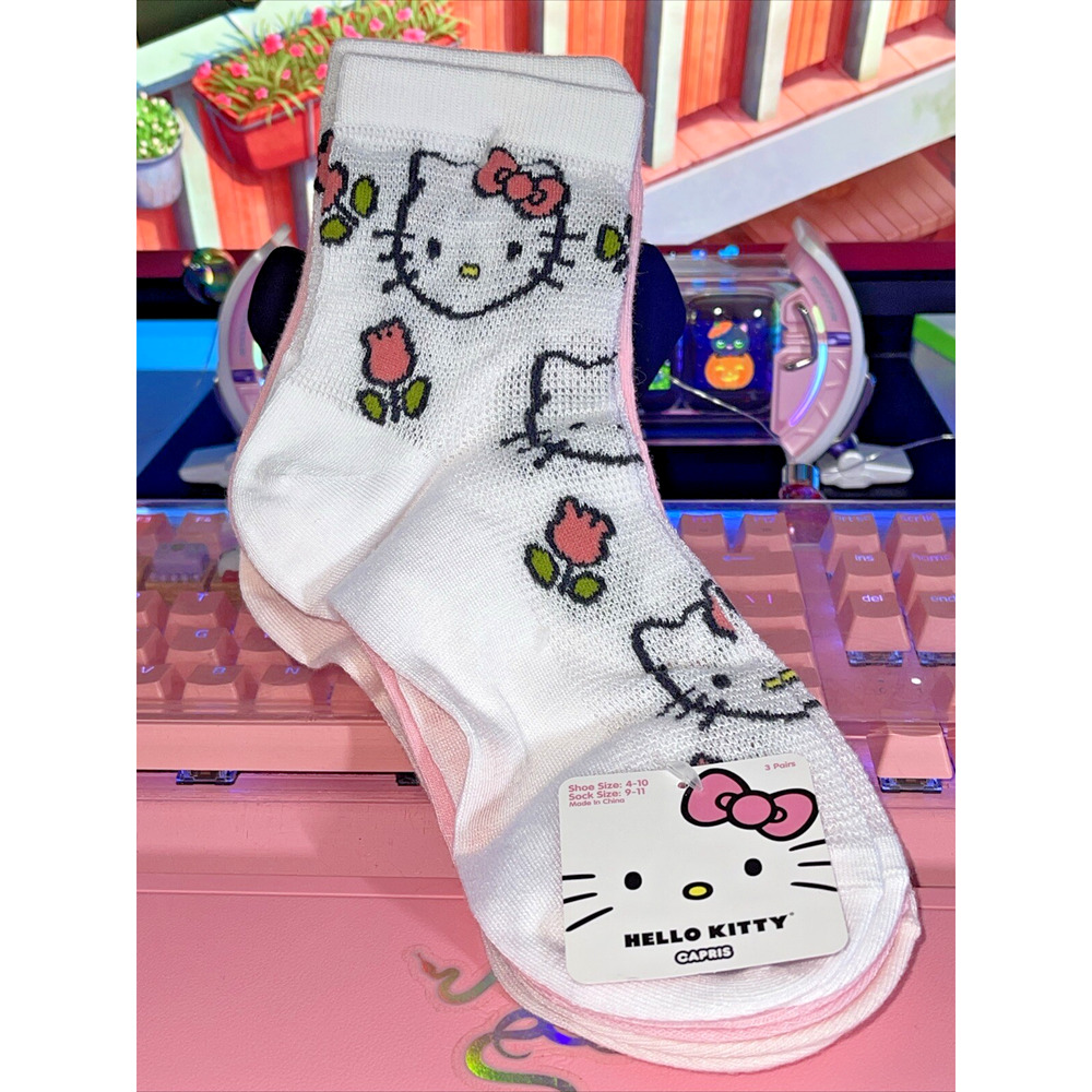Hello Kitty Capris Socks White Pink Mesh Thin Flower Bow 2024 Sanrio 3 Pack Pair